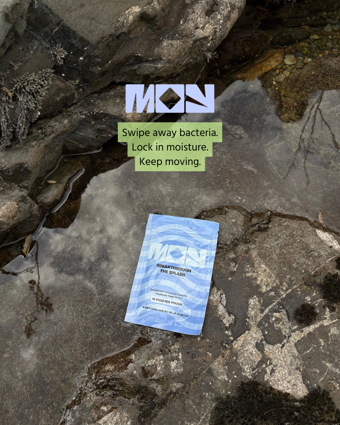M.O.Y. Breakthrough The Splash outdoor skincare ampoule pads for post-water skin recovery, helping remove bacteria, lock in moisture, and strengthen the skin barrier.