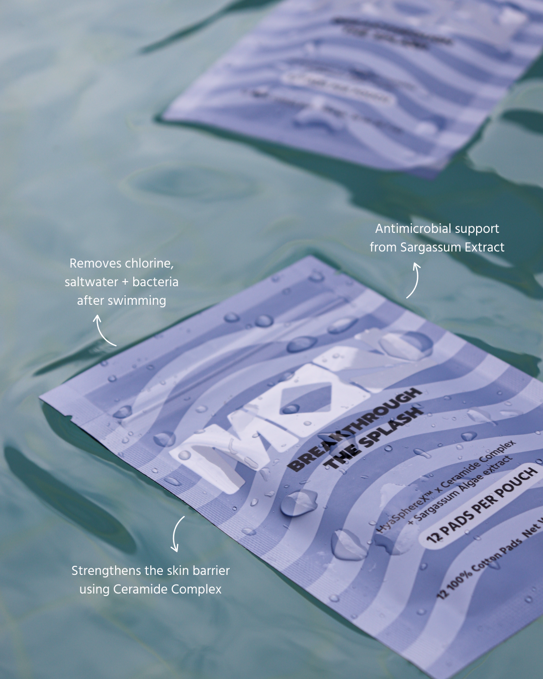M.O.Y. Breakthrough The Splash post-swim ampoule pads that remove chlorine, saltwater, and bacteria while hydrating and strengthening the skin barrier.